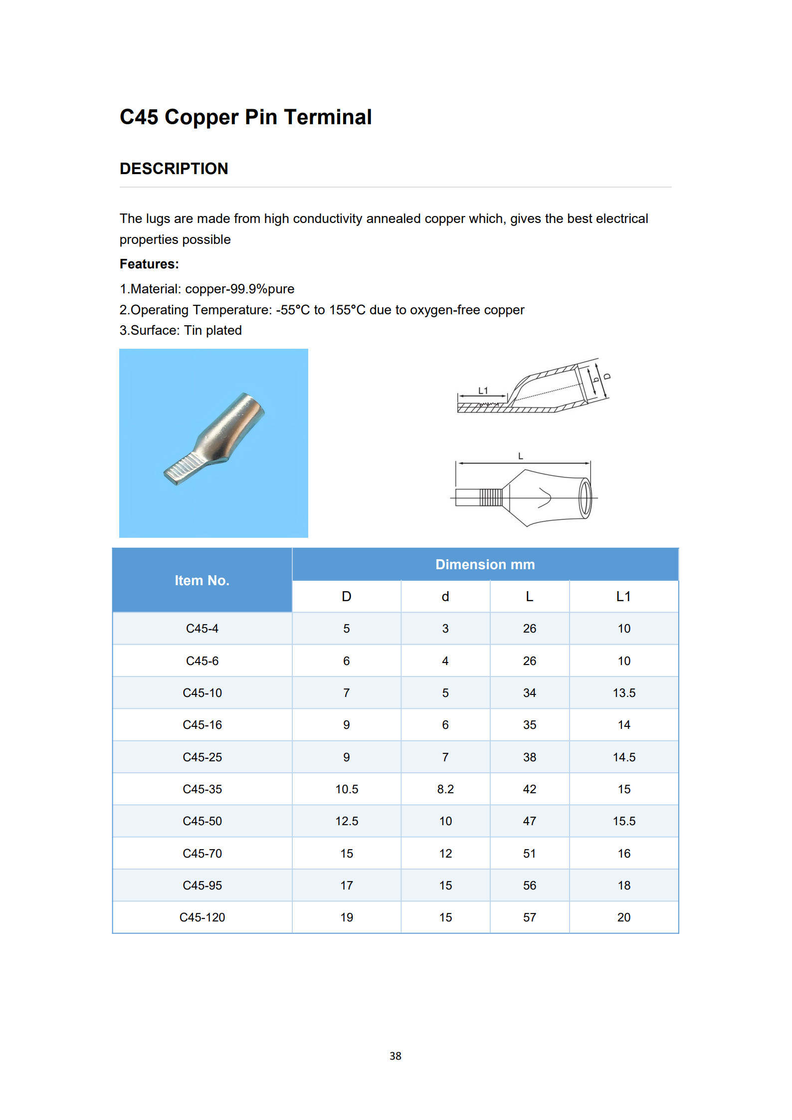 C45 Copper Pin Terminals Circuit Breaker Copper Cable Lugs detail 1